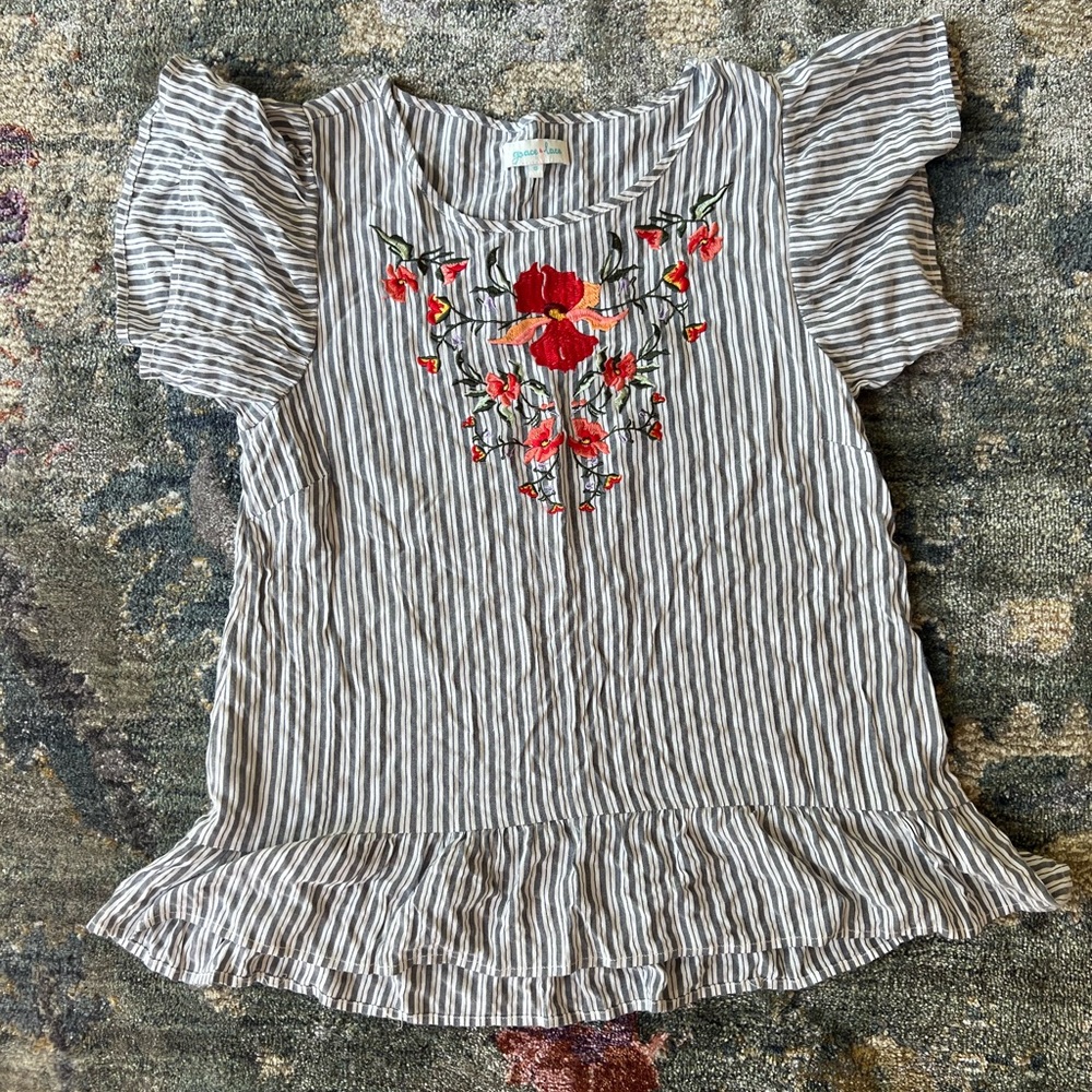 Grace & Lace Flowy, Striped, Embroidered Top